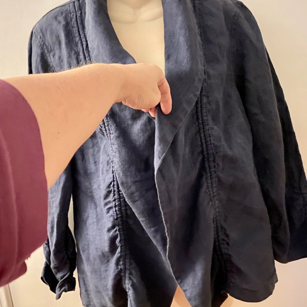 Chico's Blue Denim Preppy Linen Boho Basic Lagenlook Relaxed Open Front Bla…